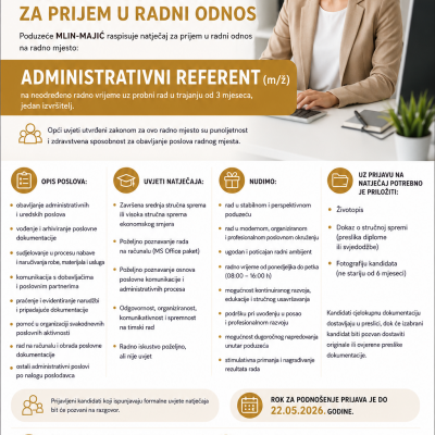 NATJEČAJ ZA PRIJEM U RADNI ODNOS: Administrativni referent (m/ž)