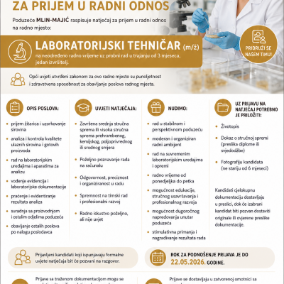 NATJEČAJ ZA PRIJEM U RADNI ODNOS: Laboratorijski tehničar (m/ž)