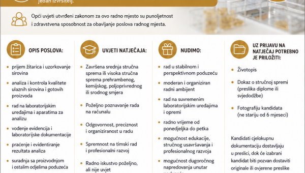 NATJEČAJ ZA PRIJEM U RADNI ODNOS: Laboratorijski tehničar (m/ž)