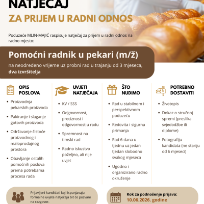 Pomoćni radnik u pekari (m/ž)